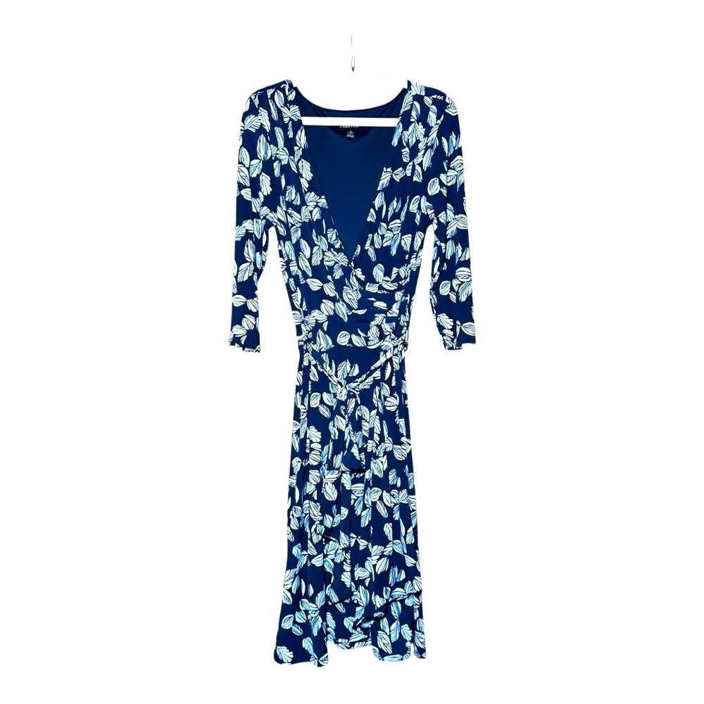 41 Hawthorn Navy and White Leaf Print Faux Wrap Dress w Belt Size XS Petite